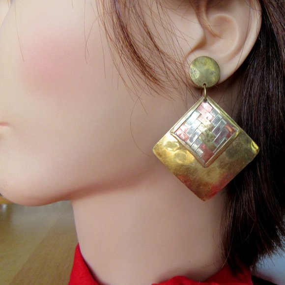 Brass, copper & silver toned basketweave earrings - Picture 2 of 7